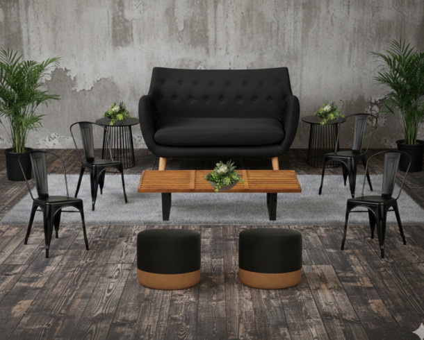 Lounge Negro Tela + Sillas Tolix Negras, 8 pax.