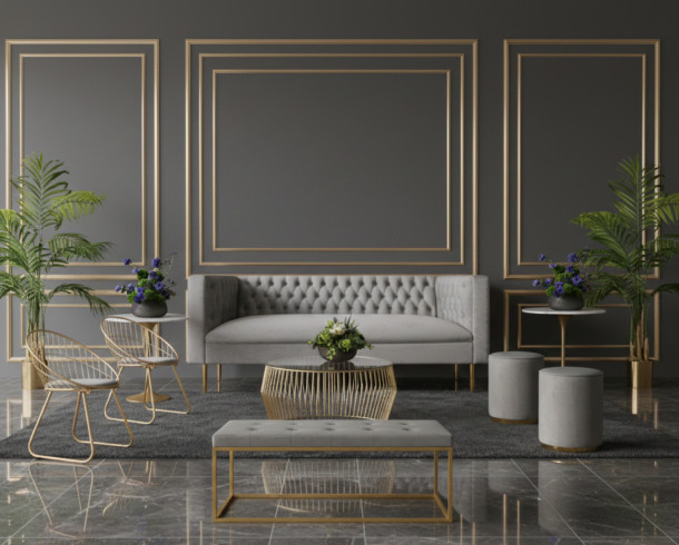 Lounge Felpa Gris Capitone y Dorado, 10 pax.