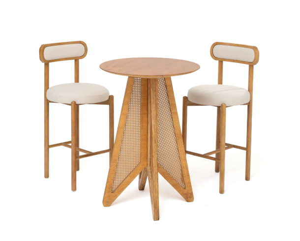 Set Mesas Altas Madera Enjuncada + Silla Alta Beige y Madera