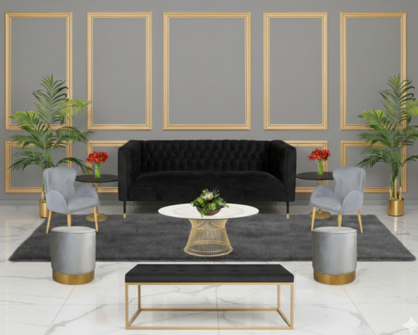 Lounge Felpa Negro Capitone y Gris, 10 pax.