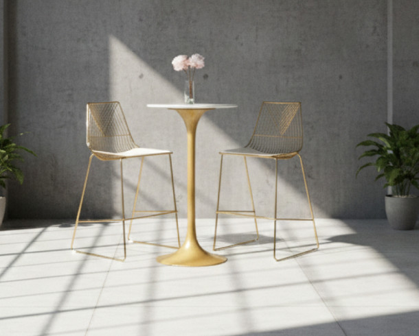 Set Mesa Alta Blanca, Base Dorada + Silla Alta Dorada