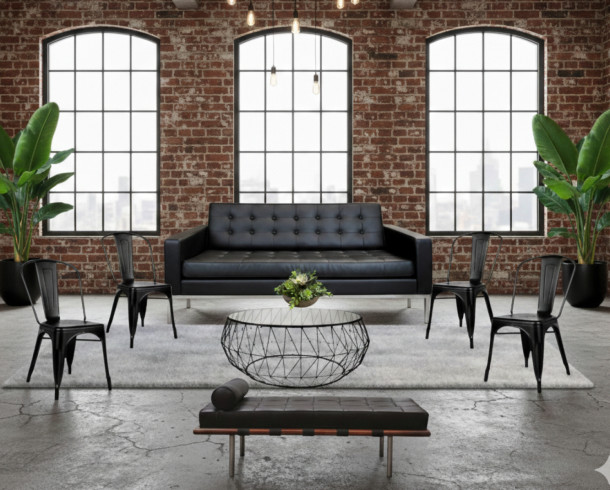 Lounge Cuero Negro + Sillas Tolix