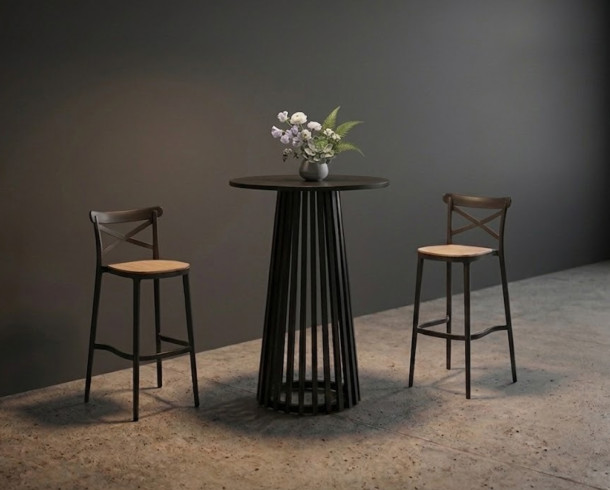 Mesa Alta Madera Negra + 2 Sillas aAltas Plastico