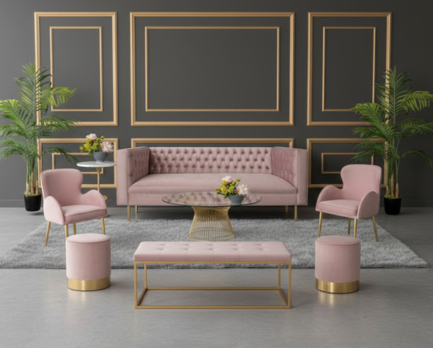 Lounge Felpa Rosado Capitone y Dorado, 10 pax.