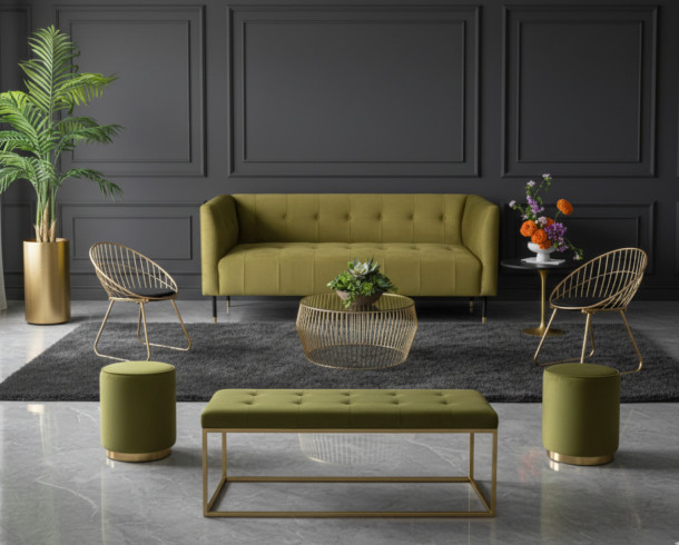 Lounge Felpa Verde Musgo y Dorado, 8 a 9 pax.