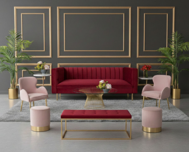 Lounge Felpa Rojo Oscuro y Rosado, 8 a 9 pax.