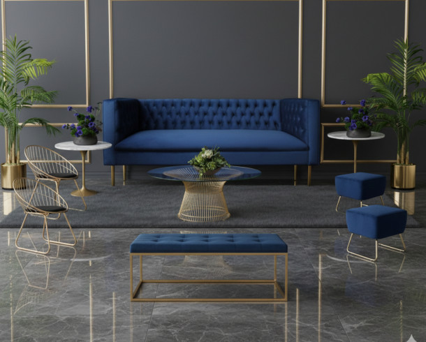 Lounge Felpa Azul Capitone y Dorado, 10 pax.